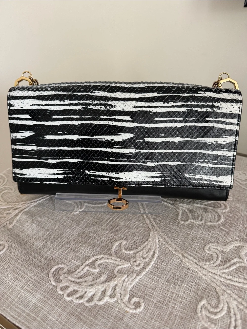 Louise et Cie Zebra Stripe Embossed/Leather Black & White Bag with Chain Strap